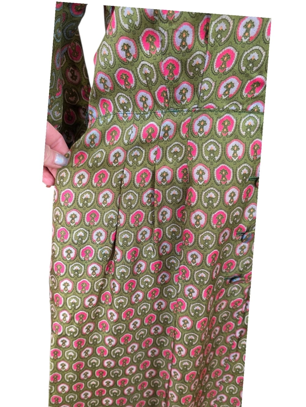 Vintage 1950s Korell Printed Day Dress Olive Pink Novelty Print Womens Size XL - Picture 13 of 15